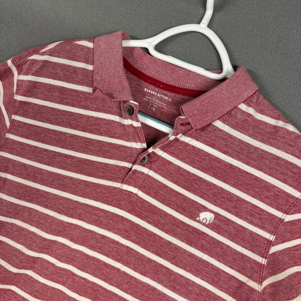 Banana Republic Polo Shirt Mens Large Red Striped Cotton Pique Elephant Logo